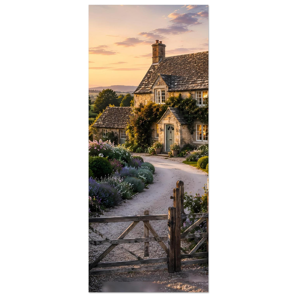 Premium-Poster im Hochformat: Landhaus, Gartenweg und Blumen am Steintor