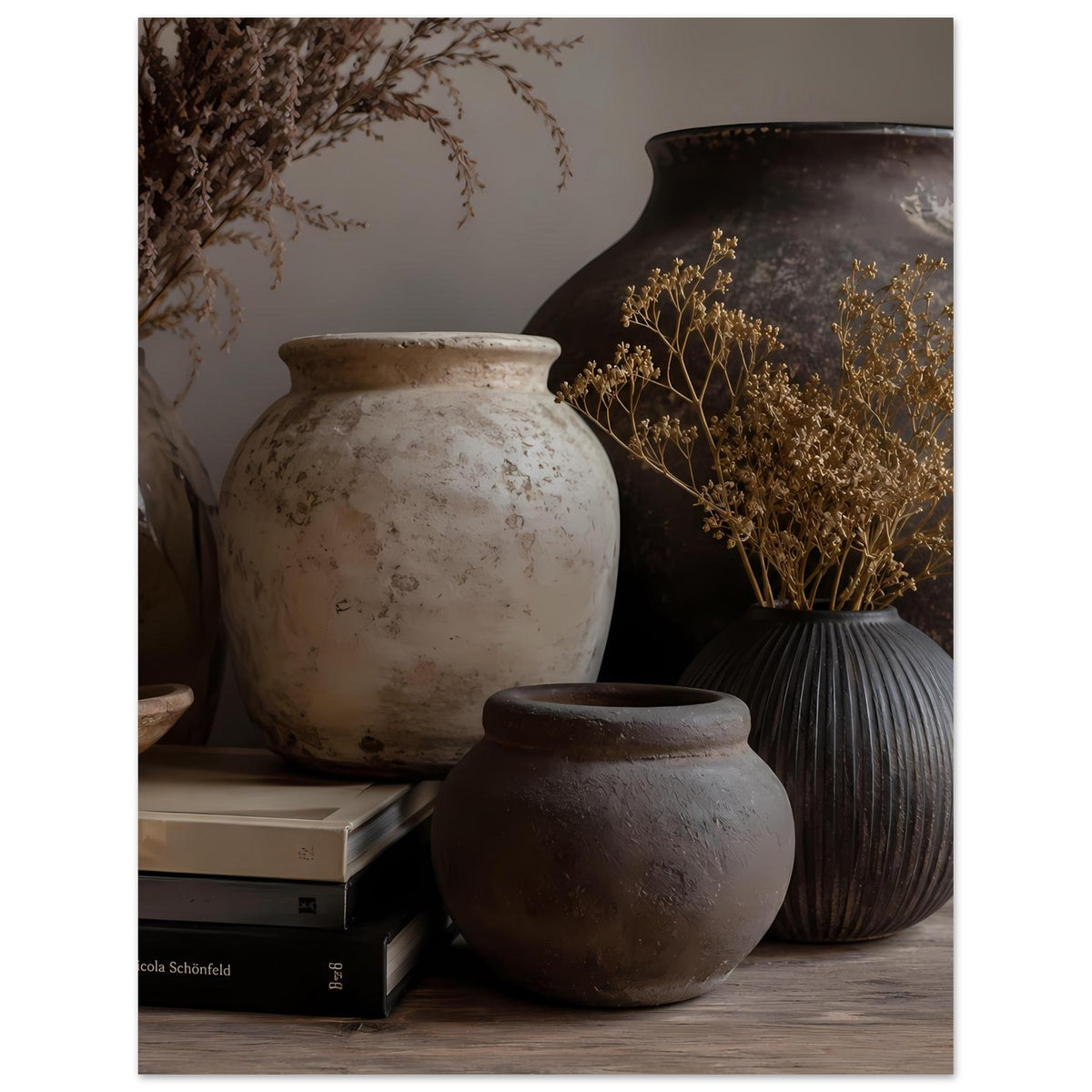 Poster im Hochformat: große Keramikvase, kleinere braune Vase und Trockenblumen