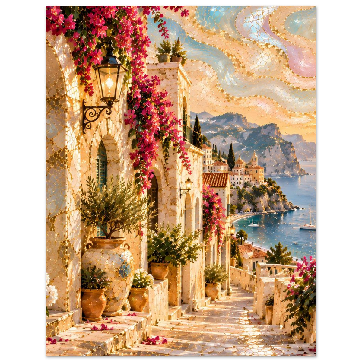 Poster im Hochformat: mediterrane Passage mit Bögen, Laternen, grünen Pflanzen und bunten Blüten