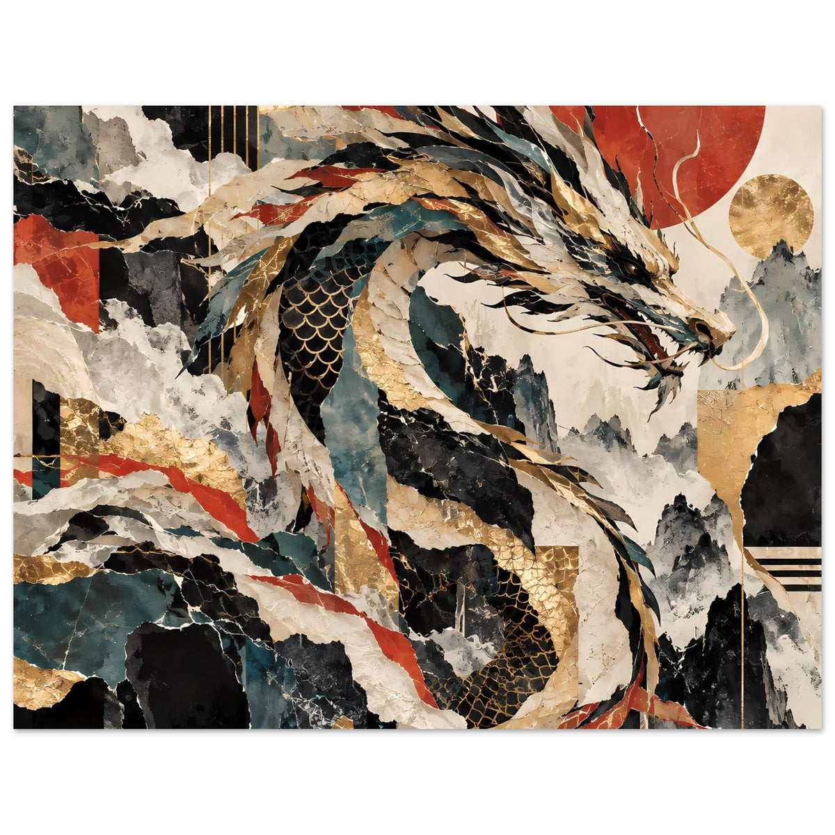 Drachen-Poster im abstrakten Stil, horizontales Motiv mit Drachenkopf, Goldakzenten und Rottönen, gerahmt