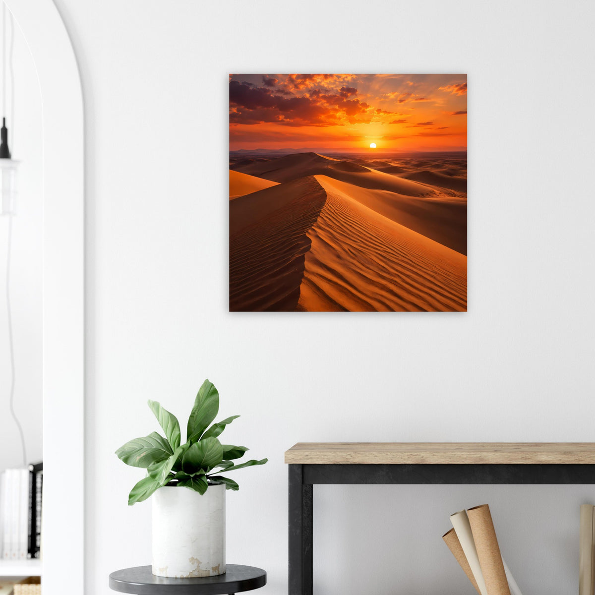 Quadratisches Wüstenposter mit Sonnenuntergang über Dünen im Sandwellenverlauf