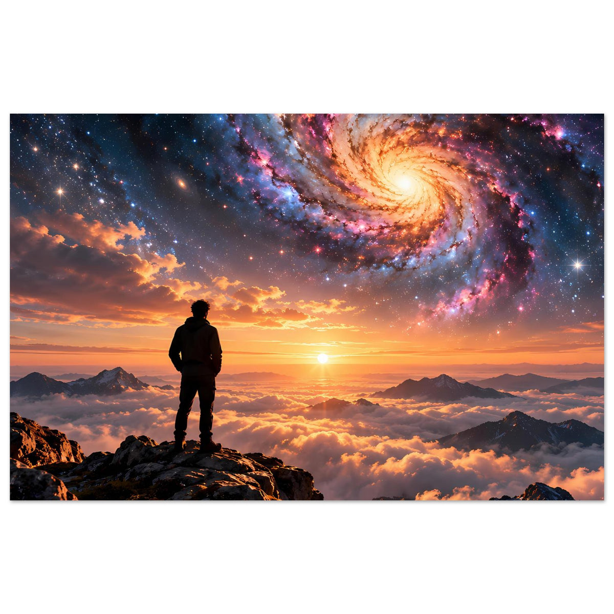 Poster mit Spiralgalaxie und Sternenhimmel, Silhouette auf Berggipfel bei Sonnenuntergang