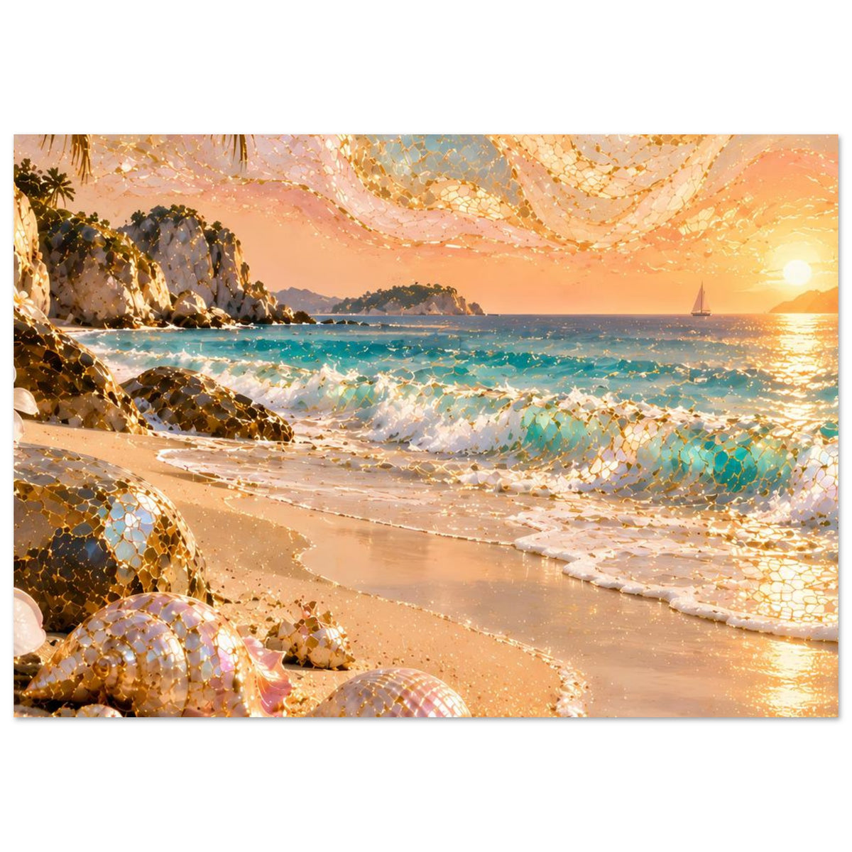 Poster mit Sonnenuntergangsstrand, schimmernde See und Muscheln mit goldenen Mosaikakzenten.