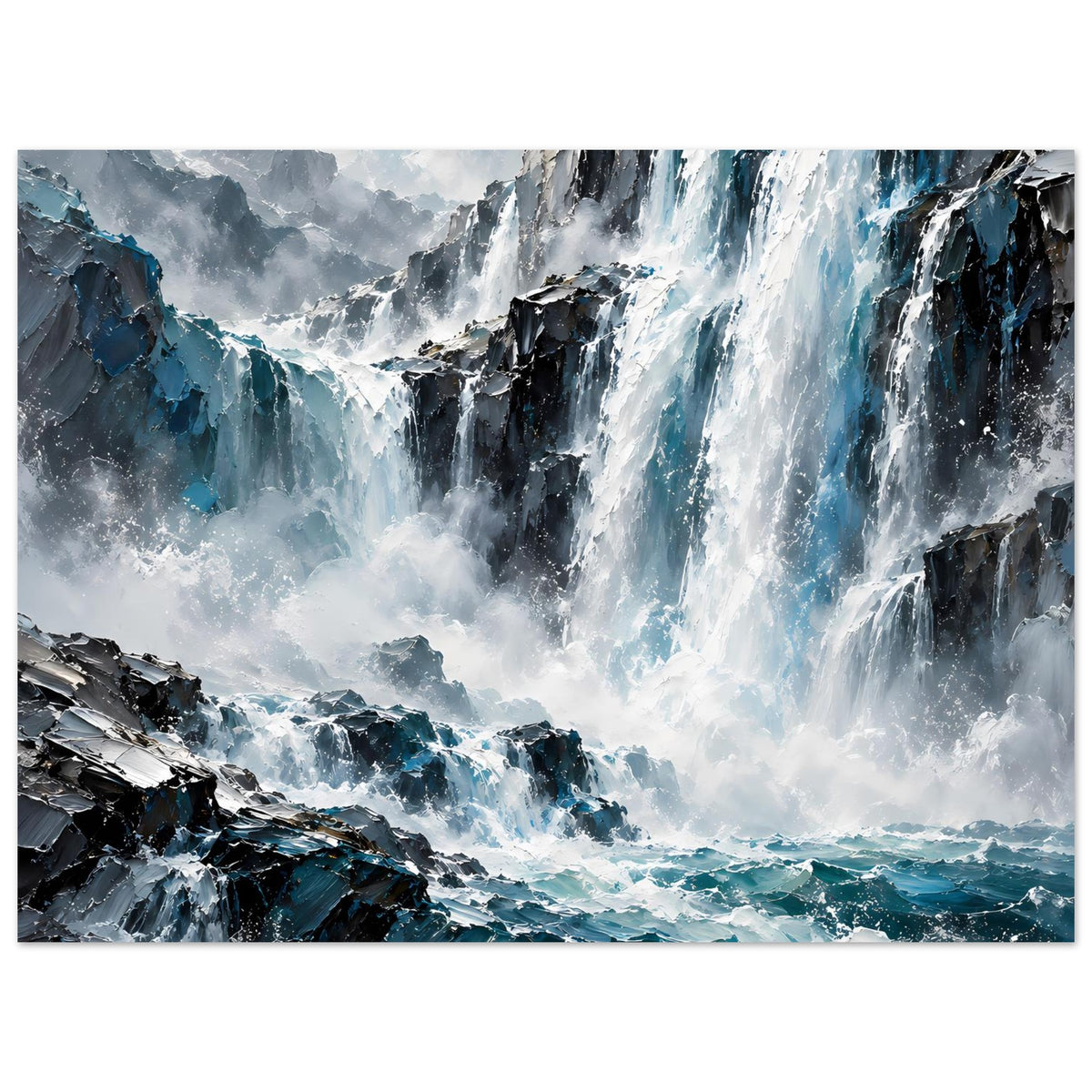 Horizontales Poster mit dramatischem Wasserfall zwischen Felsen, Blau- und Grautöne