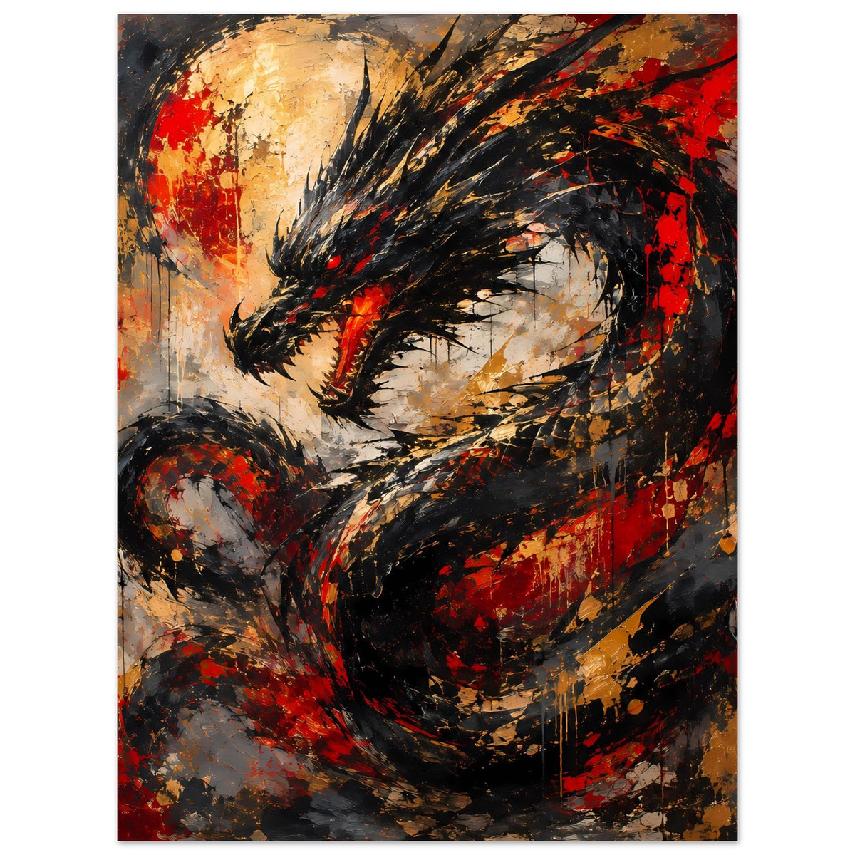 Abstraktes Drachenkunst-Poster im Hochformat: schwarzer Drachenkopf, Rot- und Goldtöne, Splatter