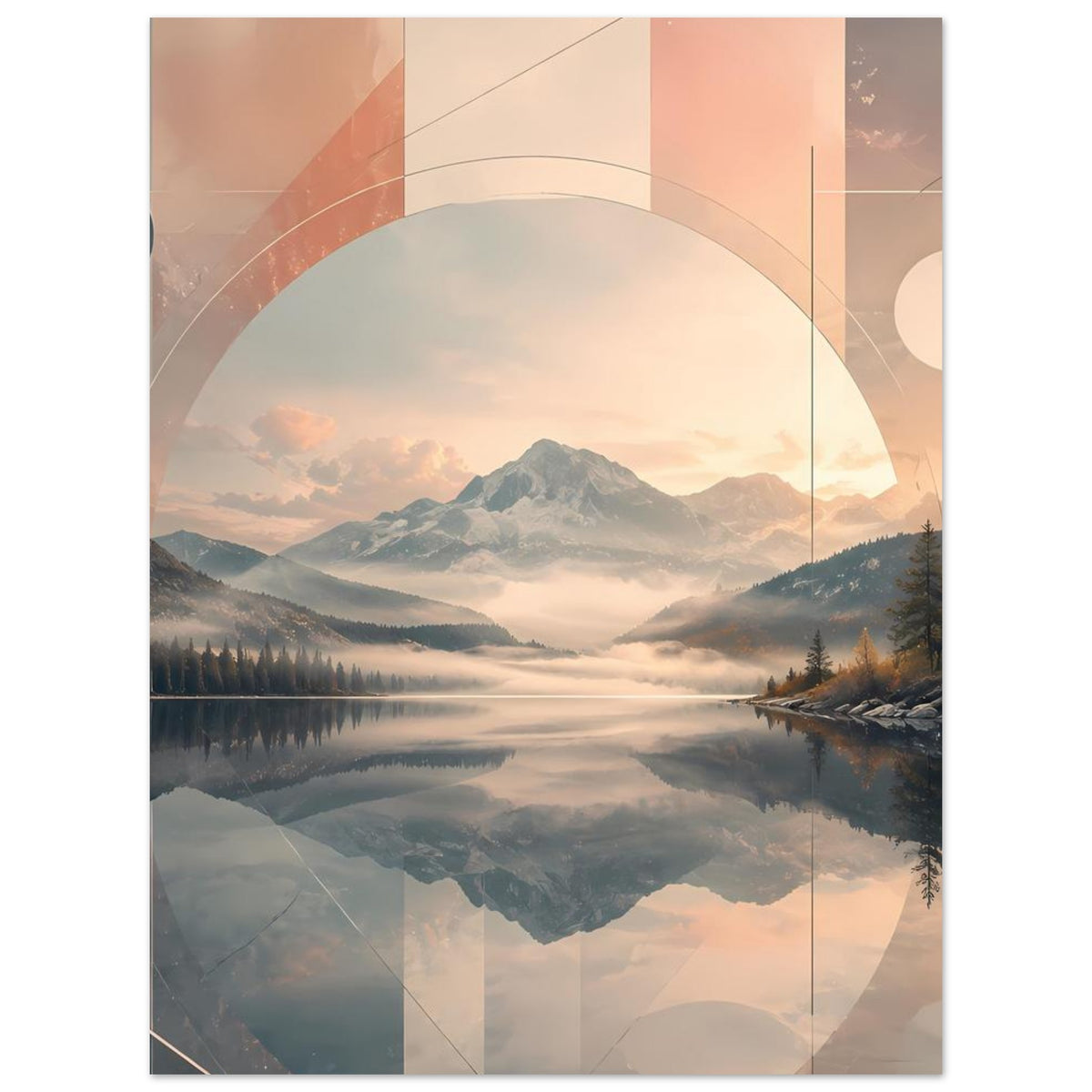 Poster mit geometrischer Bergsee-Landschaft, großer Halbkreis-Form, Pastellfarben