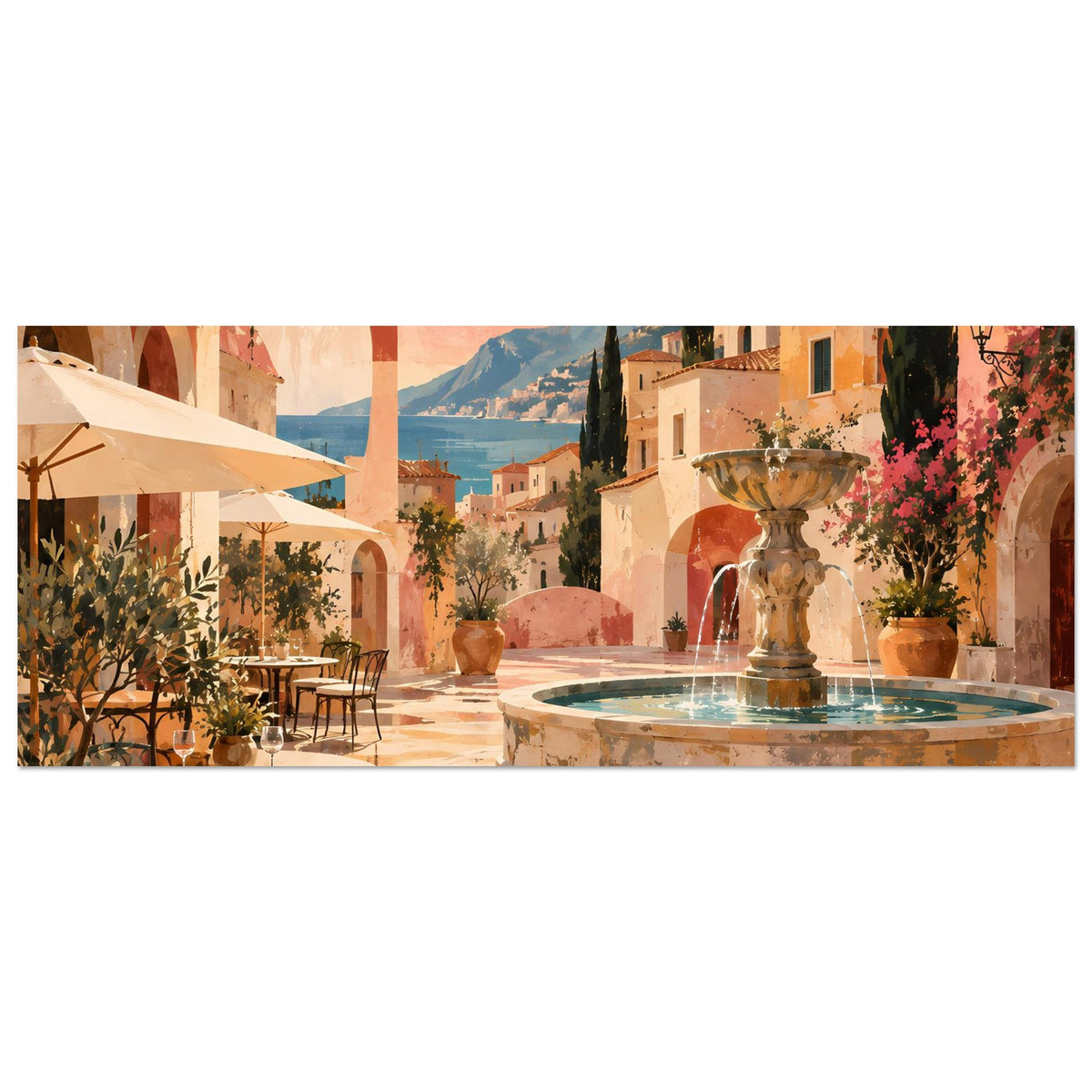 Poster im Querformat: mediterraner Innenhof mit Brunnen, Tischen und Pflanzen im Pastell
