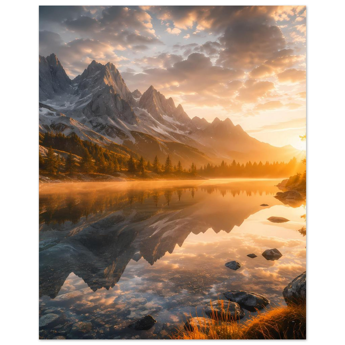 Hochformat-Poster mit Gebirgssee, warmem Sonnenaufgangslicht, Bäumen und Spiegelung
