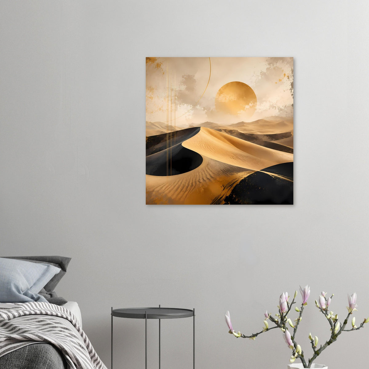 Kleines Wüstenposter mit goldenen Dünen, schwarzem Sand und runder Sonnenscheibe