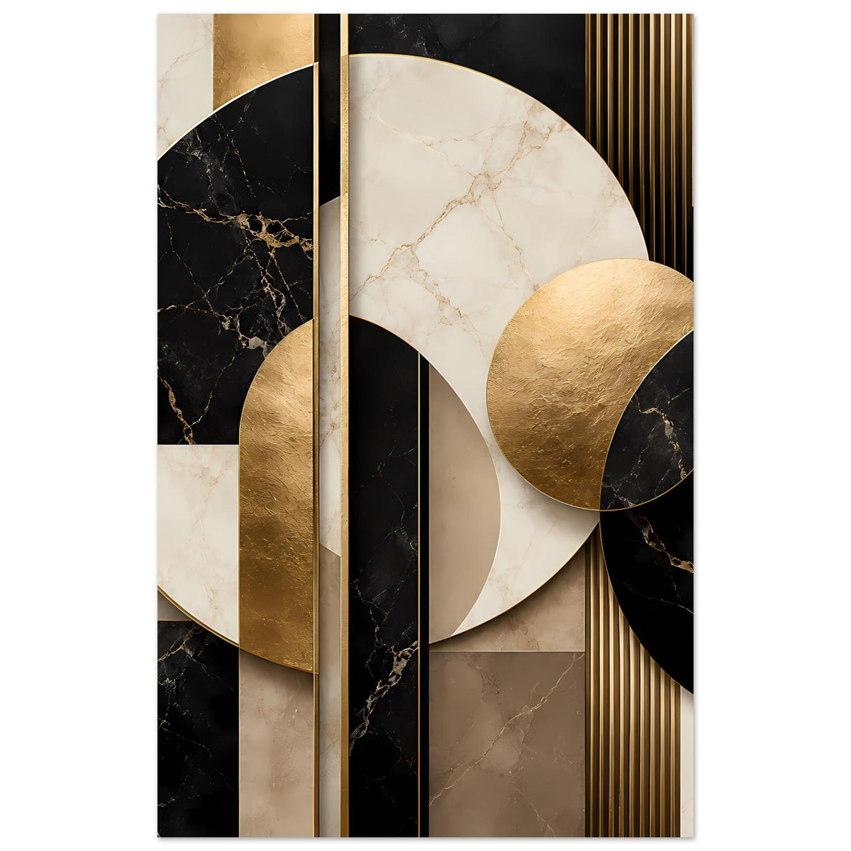 Poster mit abstraktem Geometrie-Motiv aus Marmor und Gold: Kreisformen, schwarze Flächen