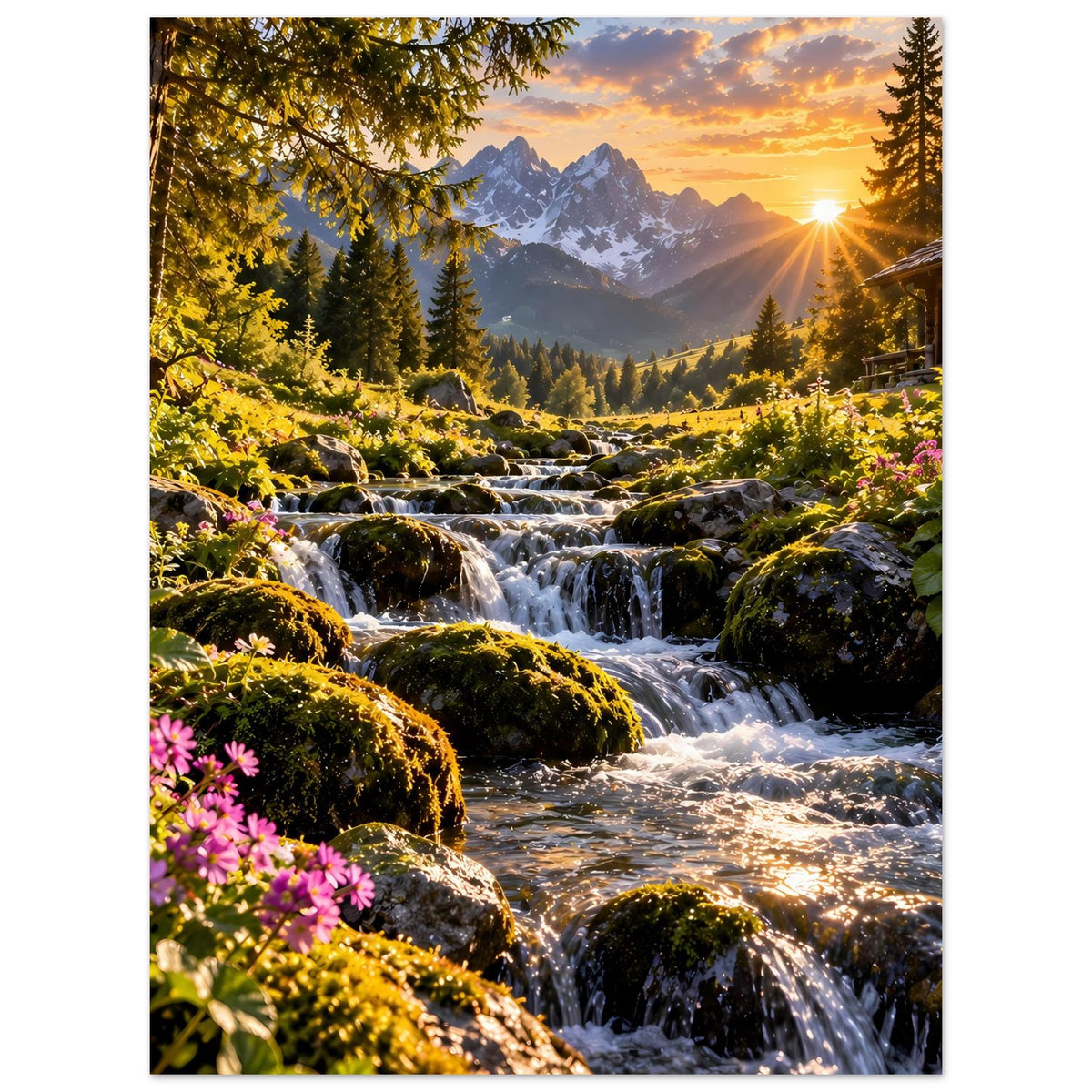 Landschaftsposter mit Bachlauf über Felsen, moosigen Hügeln, pinken Blüten und Sonne