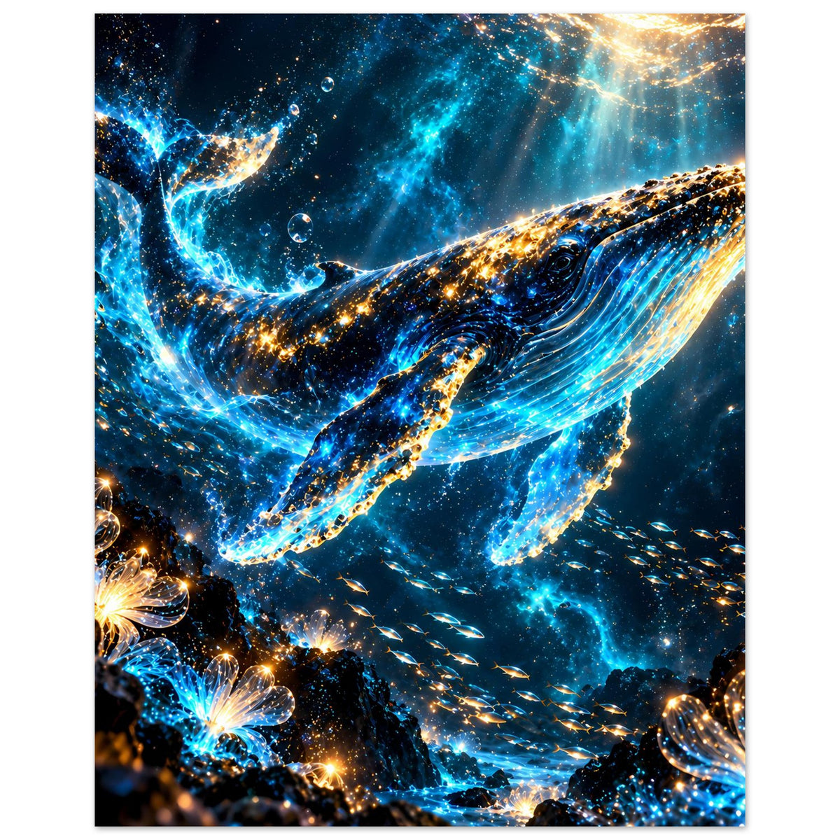Poster im Hochformat mit Walmotiv, funkelnde Blasen und goldene Leuchtpunkte