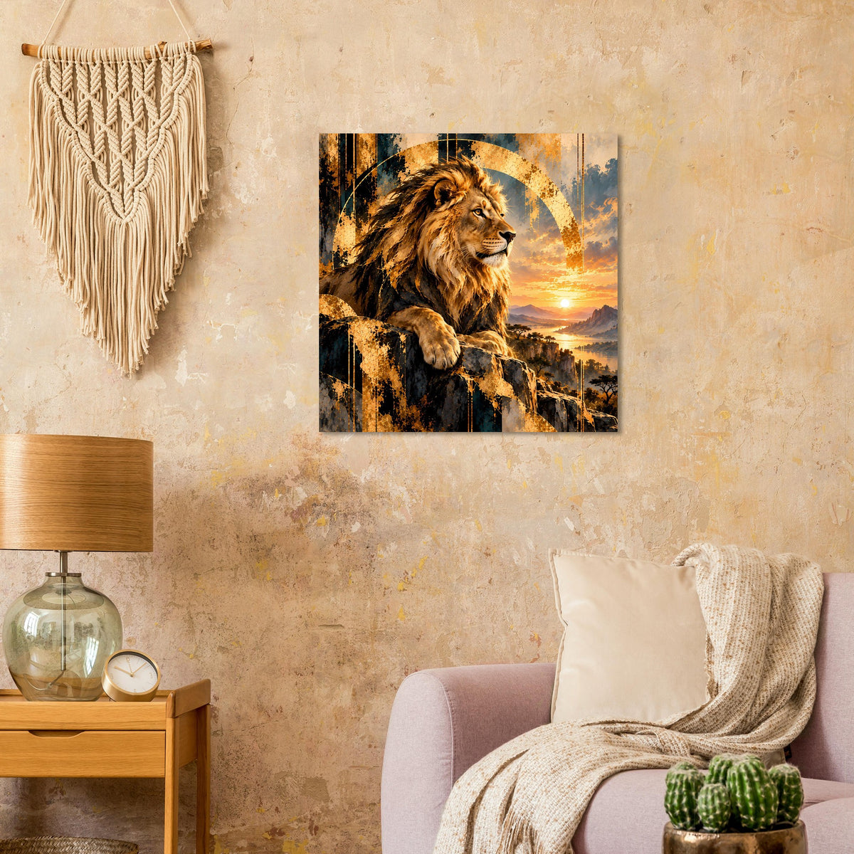 Wandposter mit Löwenmotiv im Gold-Sonnenuntergang, goldenem Lichtring über Felsen