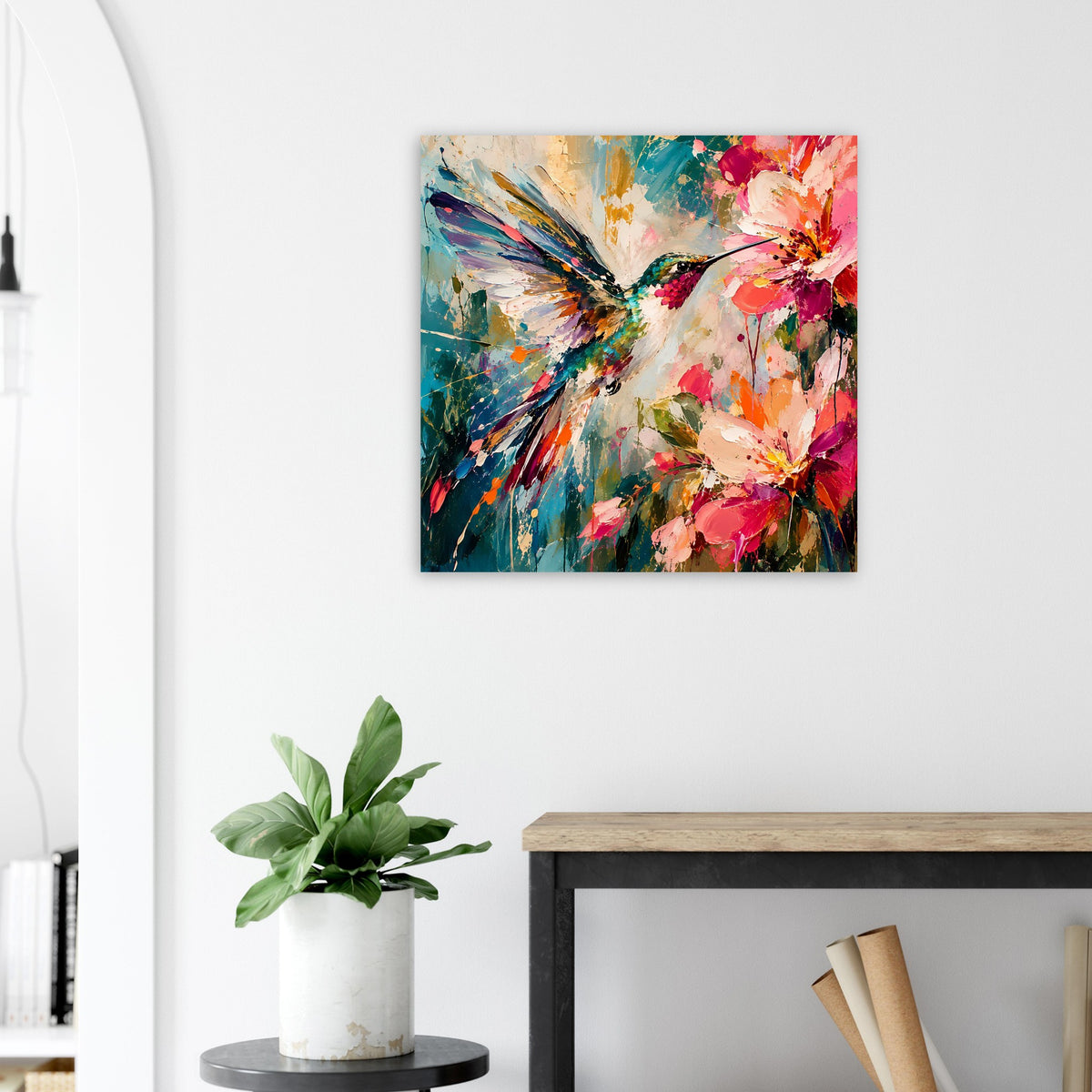 Buntes Poster mit Kolibri und Blüten, abstrakte Farbflächen