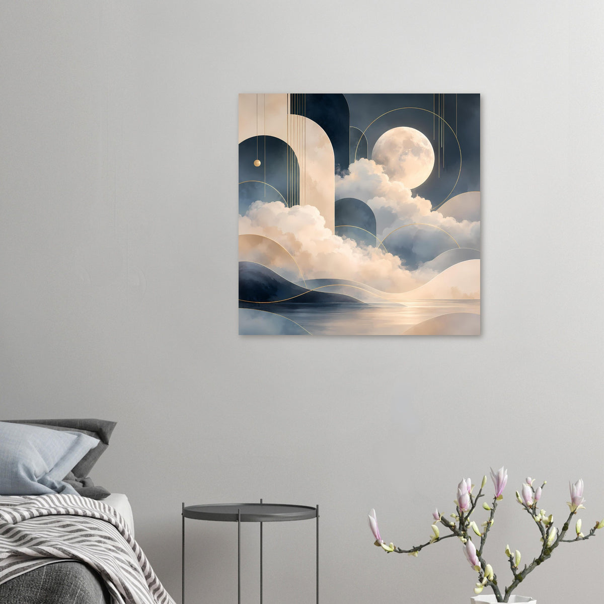 Kleines Poster mit abstrakter Mondlandschaft: Mond, Wolken und goldfarbene geschwungene Linien