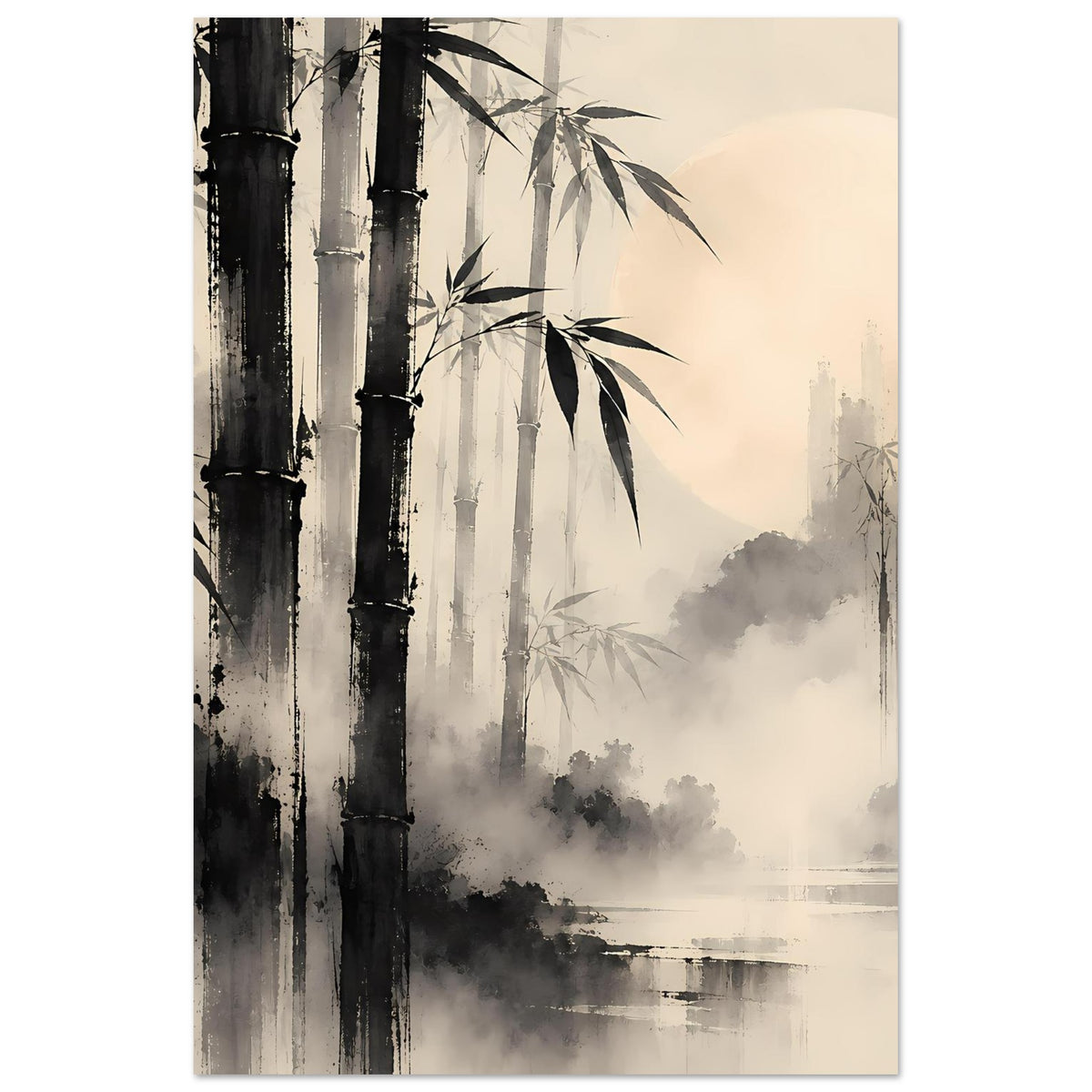 Hochformat-Poster: schwarze und graue Bambusstämme, Nebel im Hintergrund, zartes Wasser