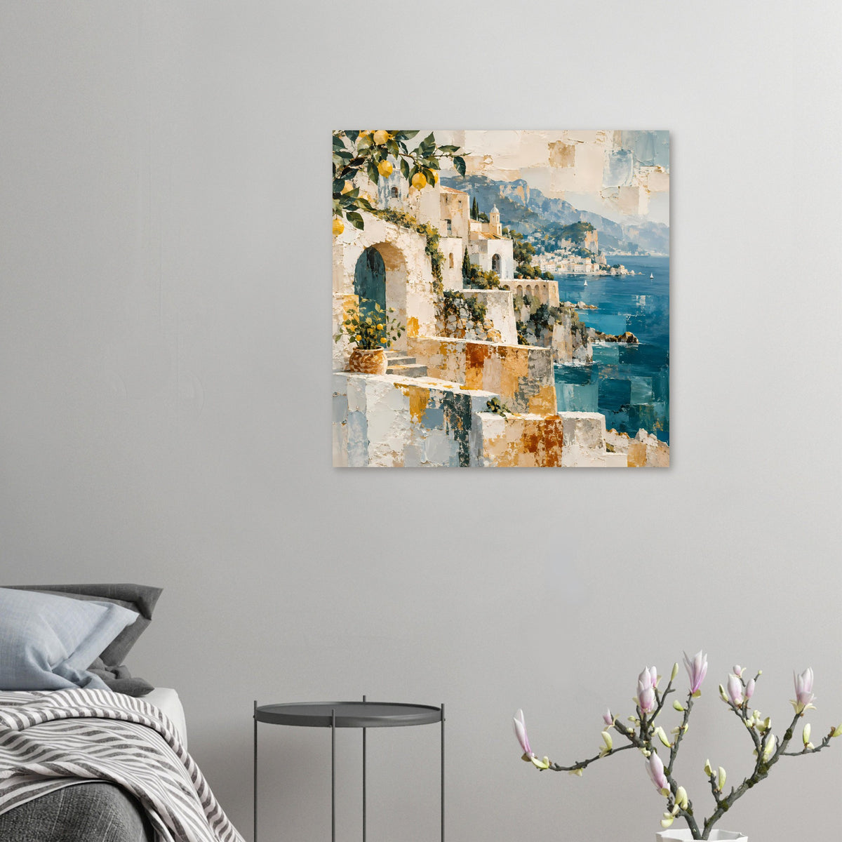 Kleines Kunstposter Küstenlandschaft mit weißen Mauern, Ockerflecken und blauem Wasser