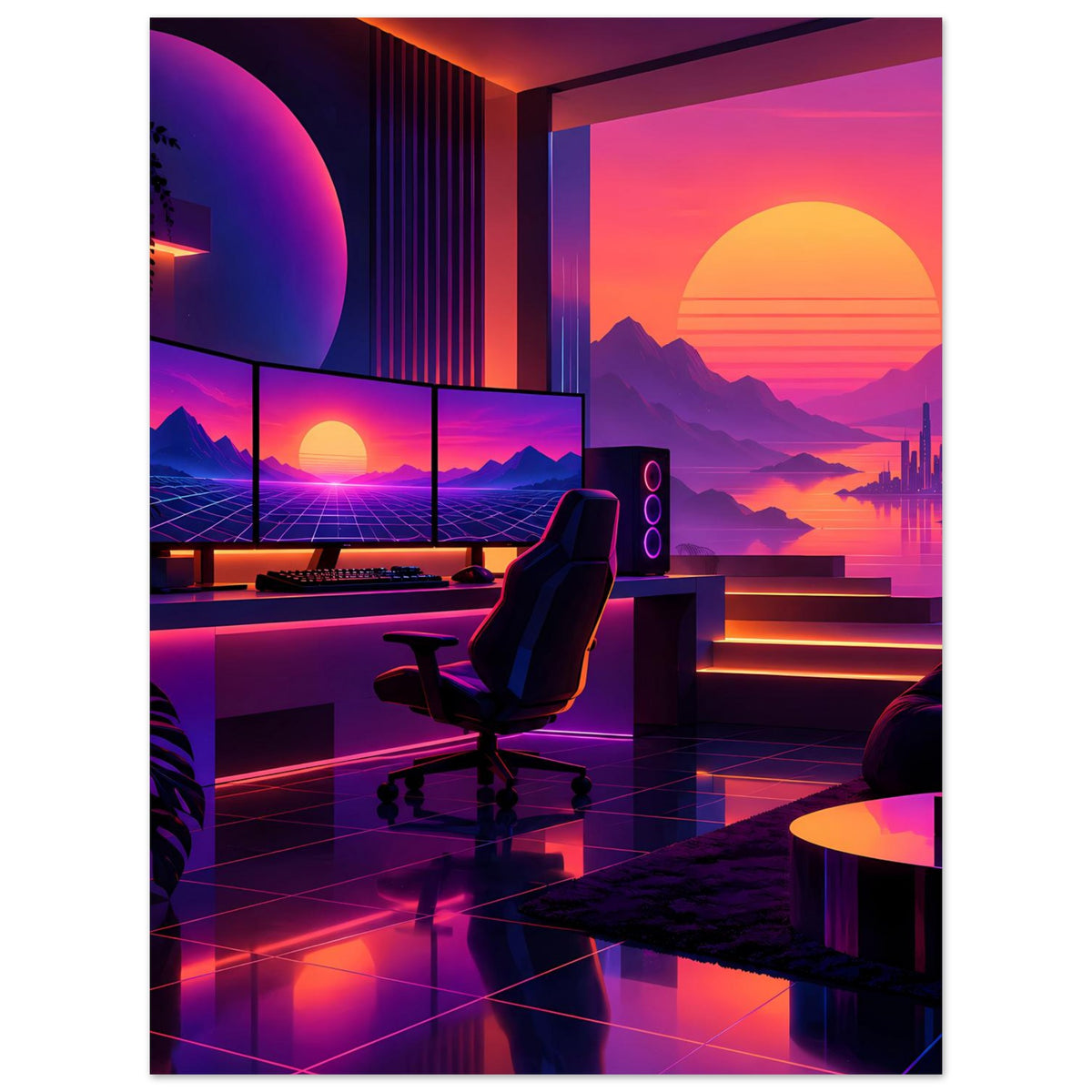 Retro-Neon-Sonnenuntergang-Poster: futuristischer Blick mit Stuhl, Sonne, Bergen und Leuchtstufen