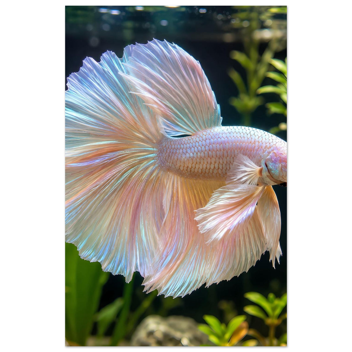 Schillerndes Betta-Fischmotiv mit weit ausgebreiteten Flossen, weiß-gelb und blau