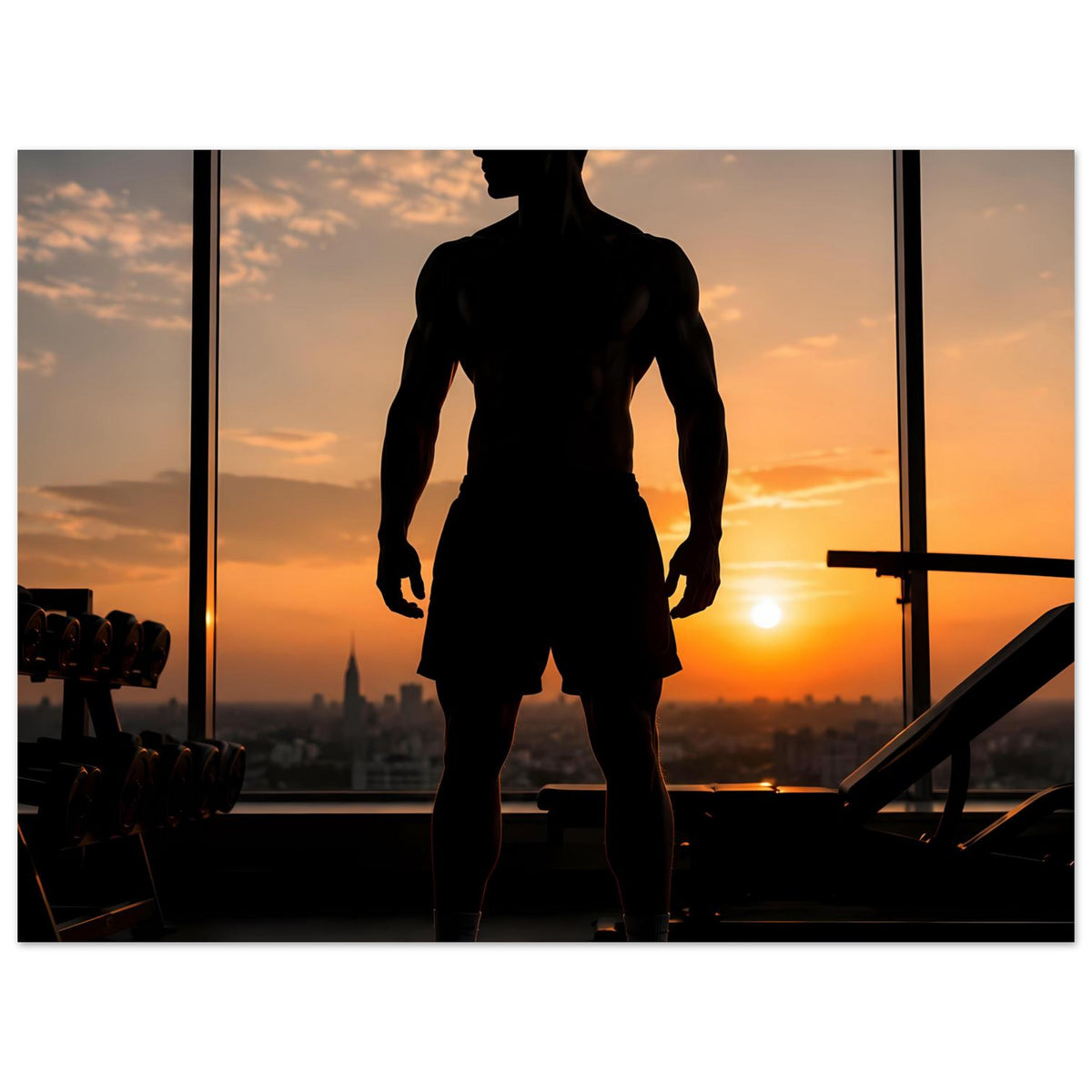 Fitness-Poster, Sportler-Silhouette als Großmotiv, Brust bis Beine, dunkel