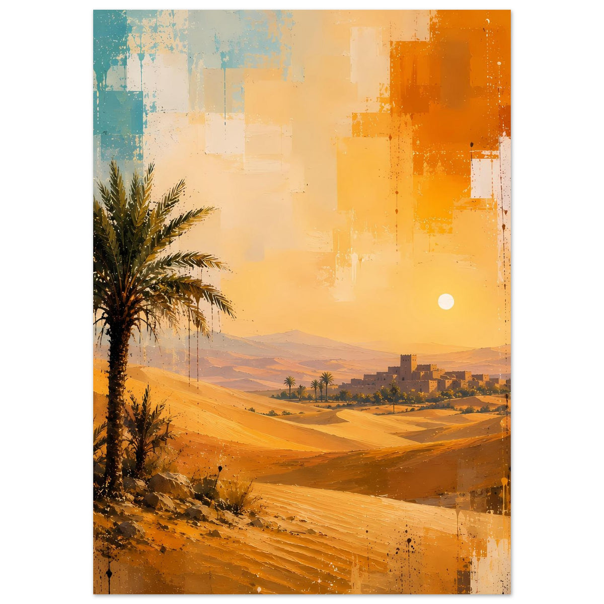 Poster mit Palme und Wüstenroute aus Dünen, warmes Licht, kleine Oase im Hintergrund.