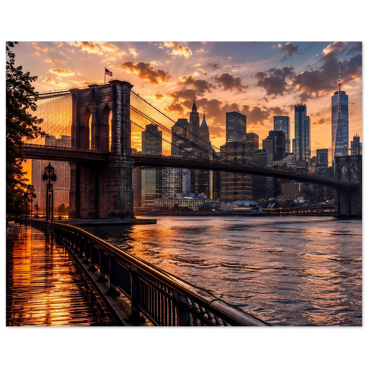 Poster mit Brooklyn Bridge und Stadt-Skyline im Abendlicht, Brückengeländer vorn