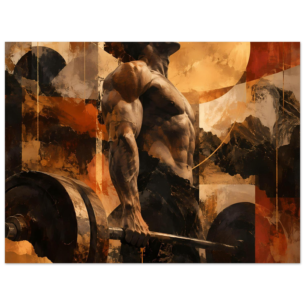 Fitness-Artposter querformat: muskulöser Hund mit Schwert vor abstraktem Hintergrund