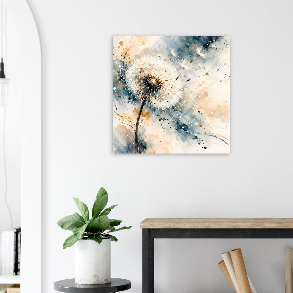 Kunstposter mit Pusteblume in Weiß, Blau und Gold auf beigem Hintergrund