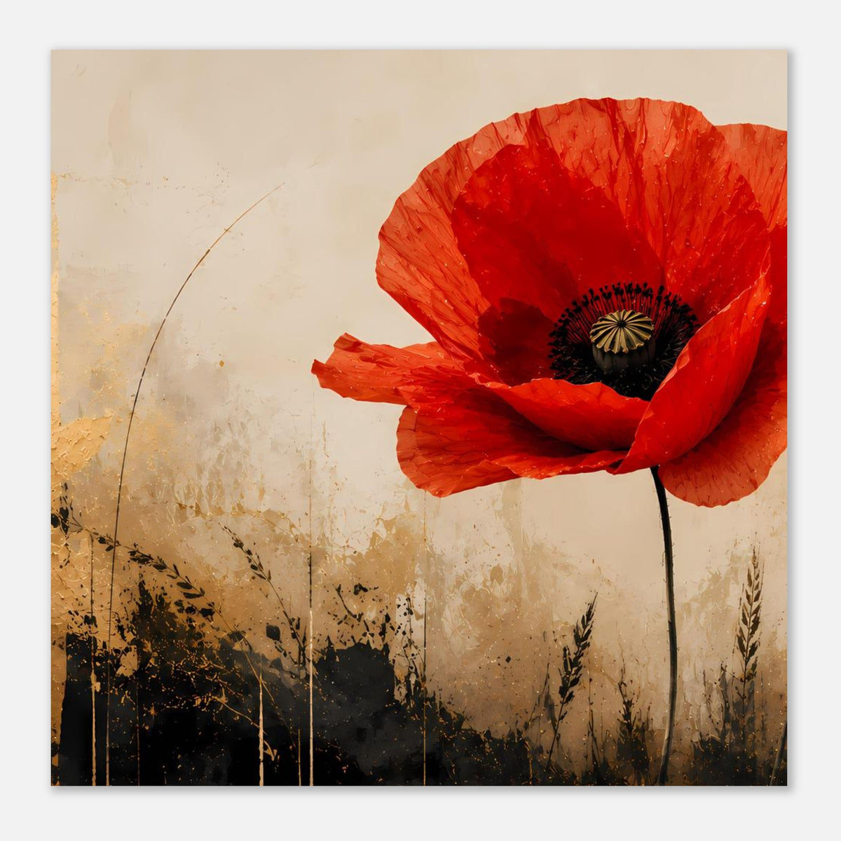 Poster mit roter Mohnblume, dunklem Blütenzentrum und Stiel; helle sowie dunkle Gräser