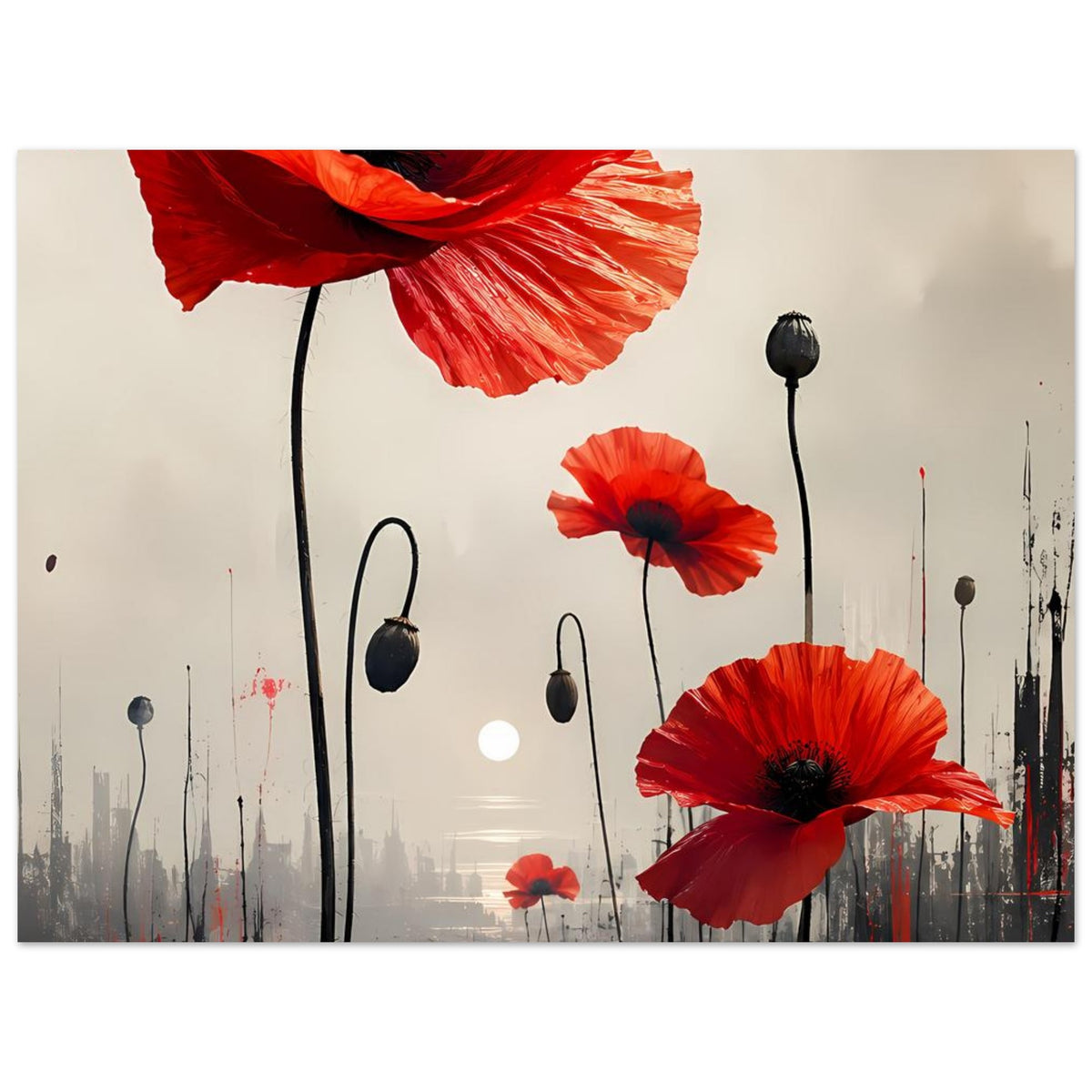 Blumenposter mit roten Mohnblumen, mehreren Blüten und schwarzen Stielen