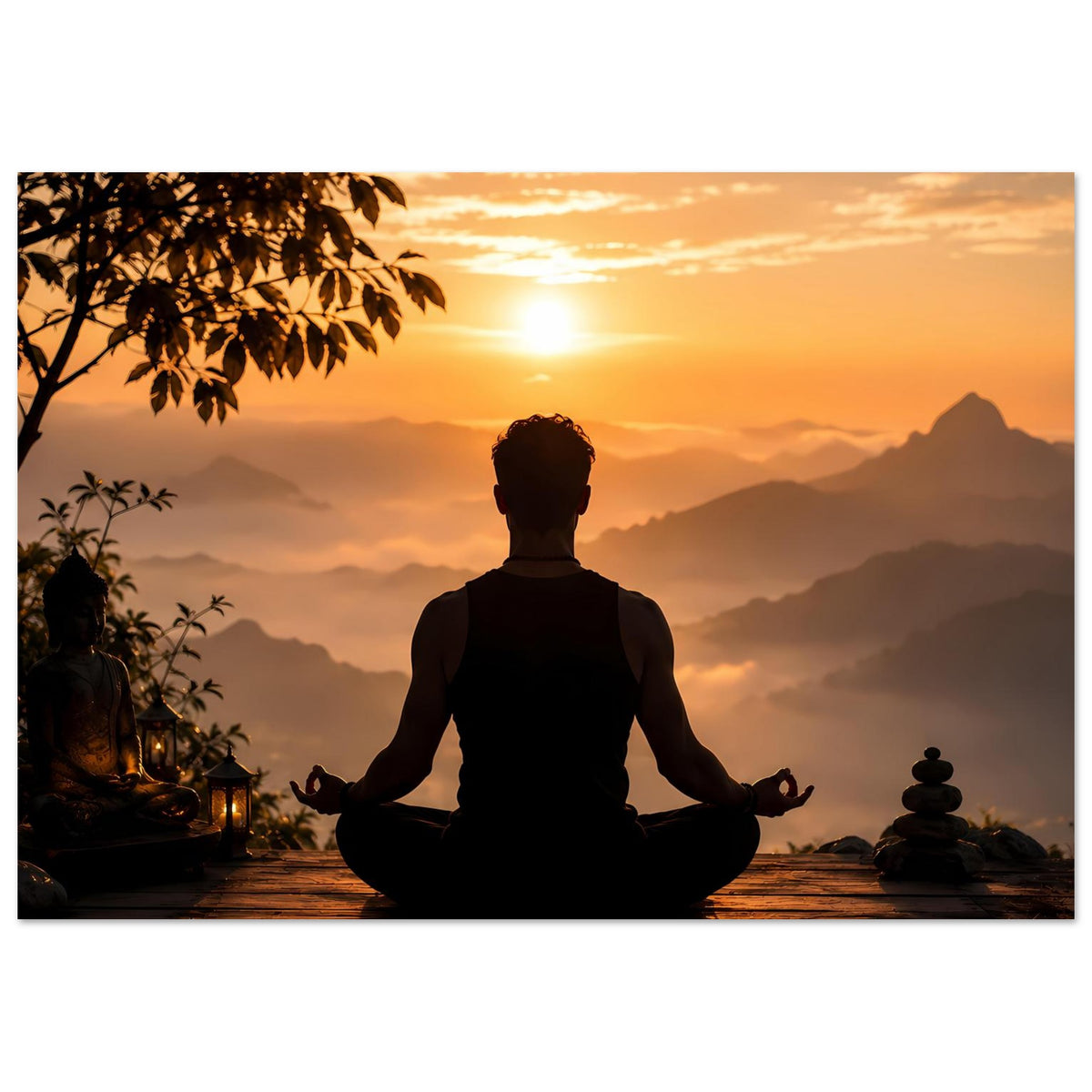 Horizontales Meditationsposter mit Silhouette im Schneidersitz bei Sonnenaufgang über Bergen
