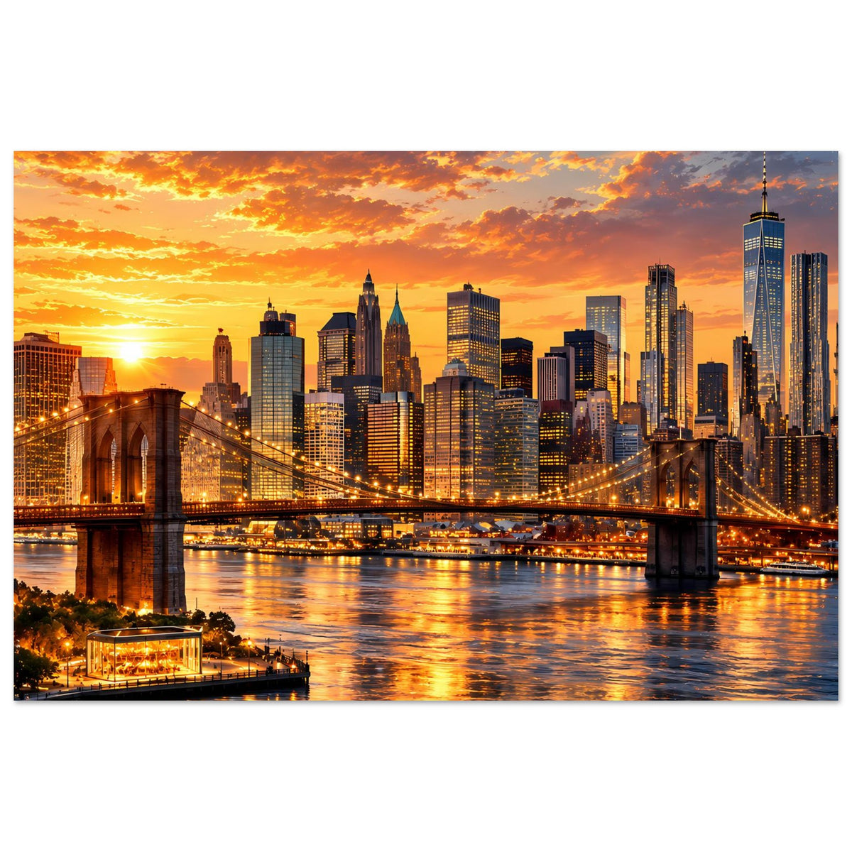 Stadtpanorama-Poster mit Brücke und Skyline bei Sonnenuntergang, horizontal.