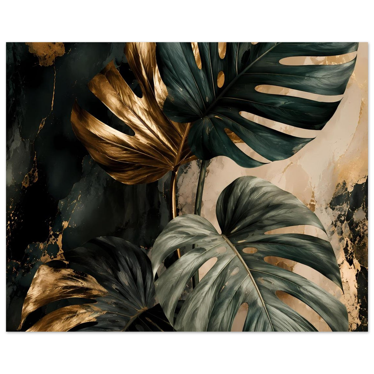 Poster mit Monstera-Blättern dunkelgrün, goldene Akzente und helle Streifen in den Blättern.