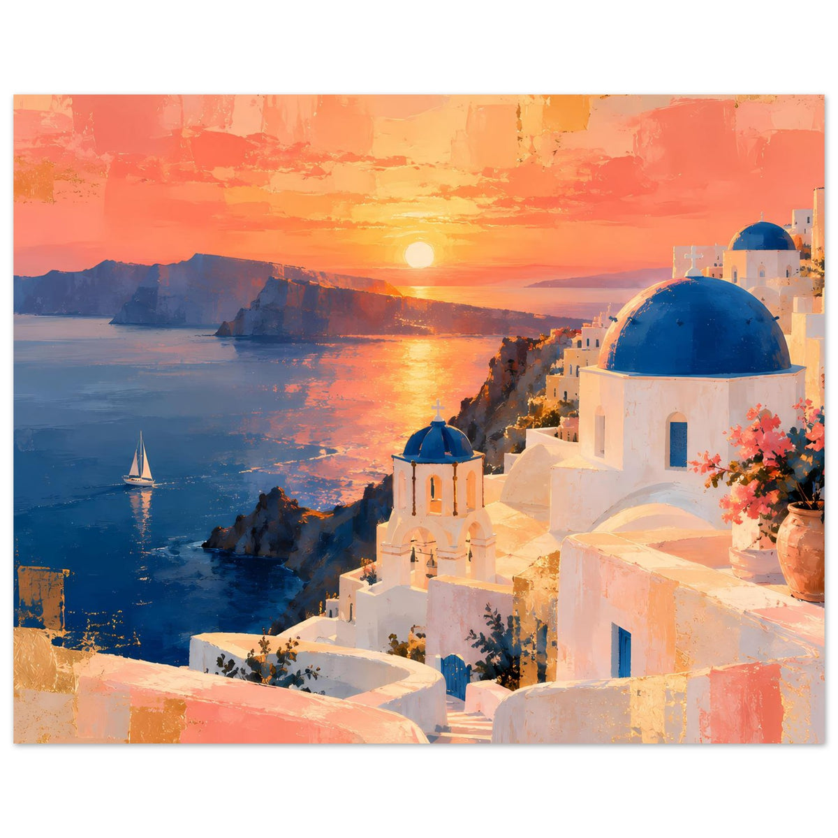 Horizontales Poster: Sonnenuntergang über Küste mit weißen Mauern und blauer Kuppel