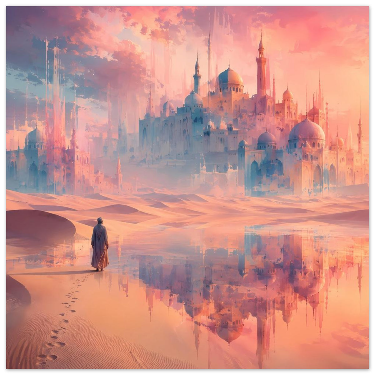 Poster: orientalische Palaststadt mit Kuppeln und Minaretten, Sanddünen, Spiegelbild.