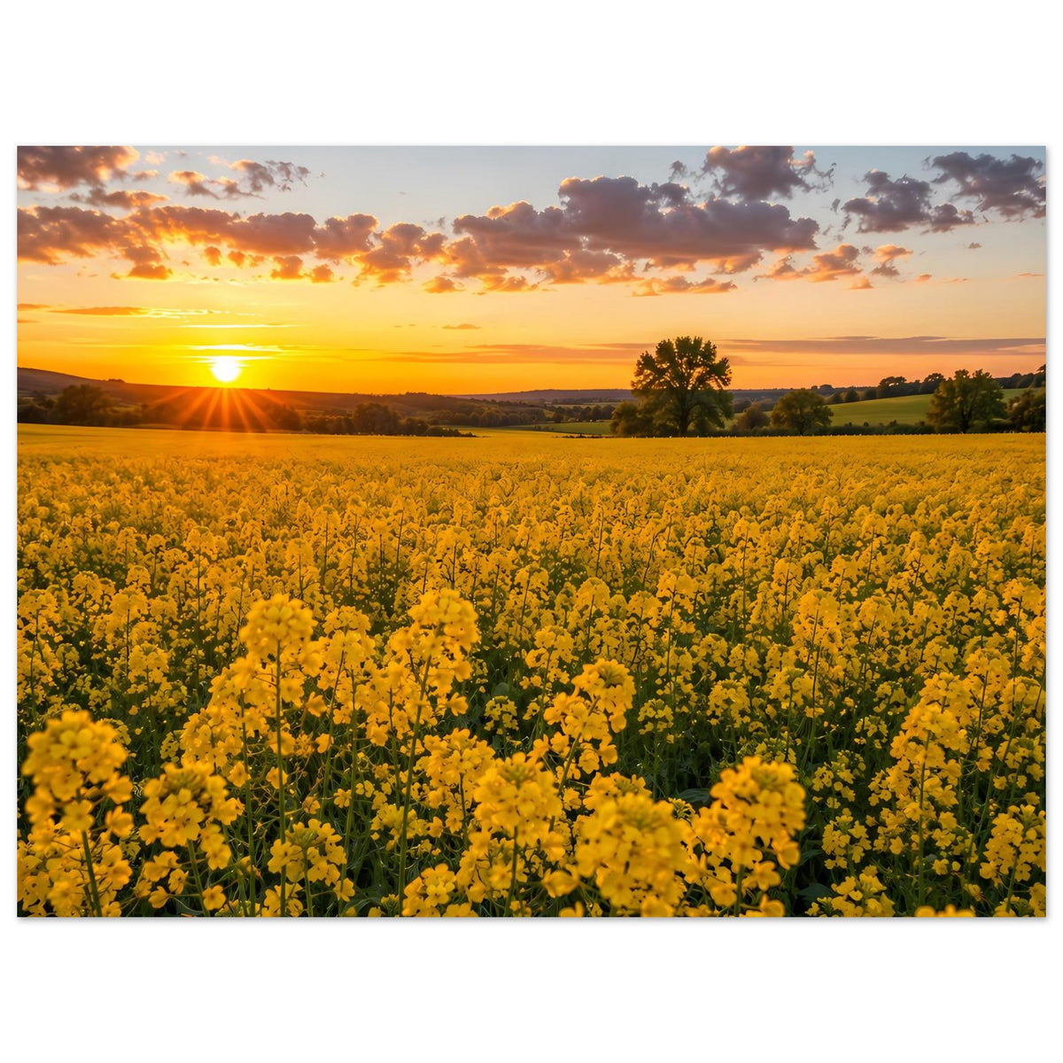 Landschaftsposter mit gelben Blüten im Vordergrund, goldener Sonne, Feldern und Baumreihe