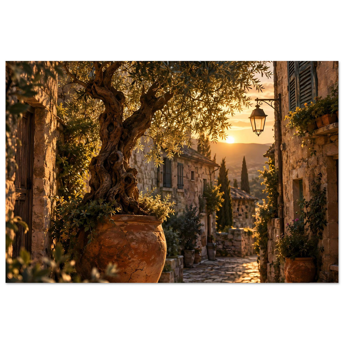Sonnenuntergangs-Poster (Querformat): Mediterrane Gasse mit Olivenbaum und Laterne im Sonnenlicht.