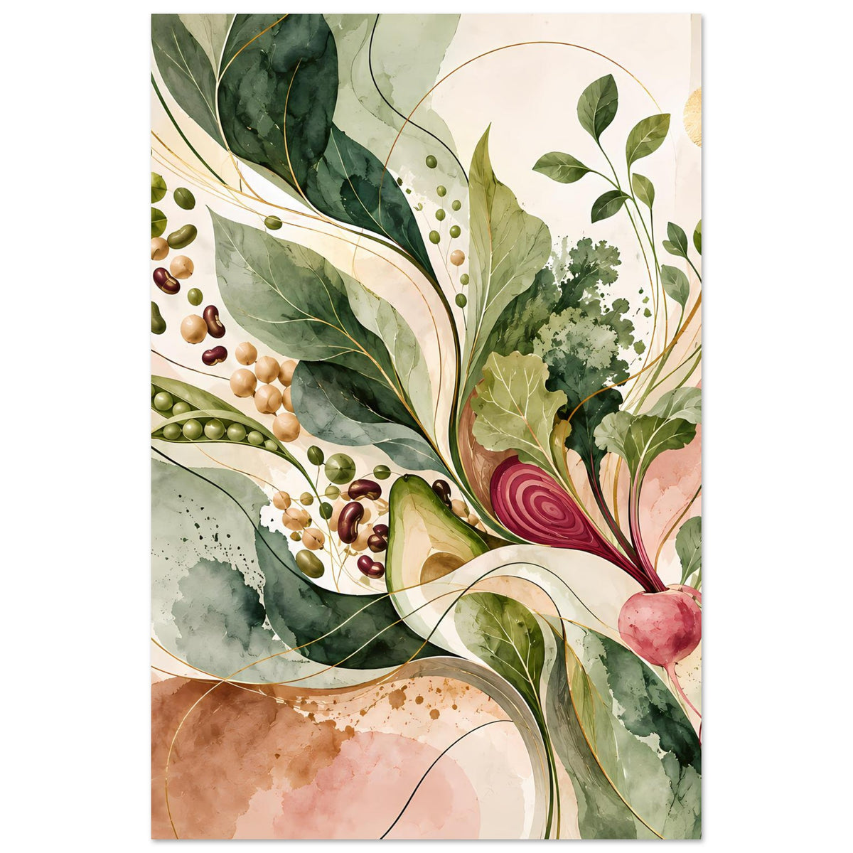 Naturposter im Hochformat mit botanischem Motiv: Blätter, Erbsen und rote Rübe