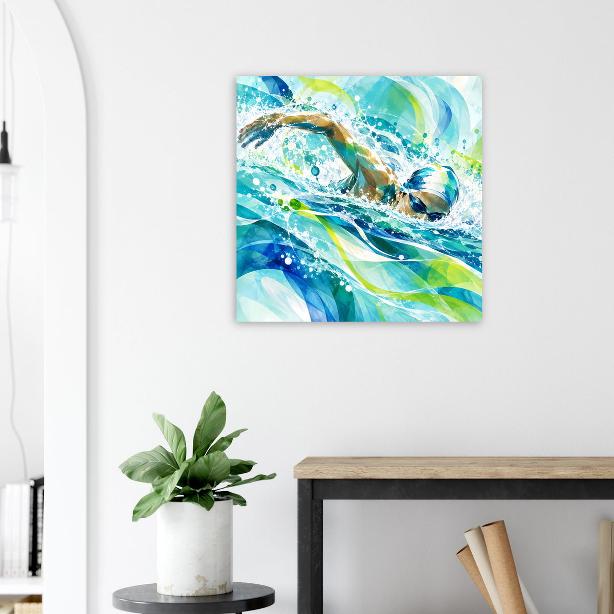 Quadratisches Kunstposter mit Delphin, Wassertröpfchen und Wellen in Blau-Grün, leuchtend