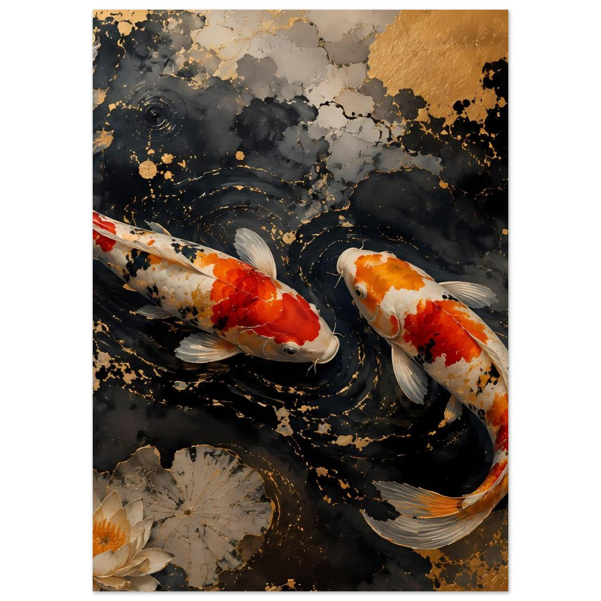 Poster mit zwei Koi-Fischen, orange-rot und weiß, schwarzes Wasser, goldene Akzente