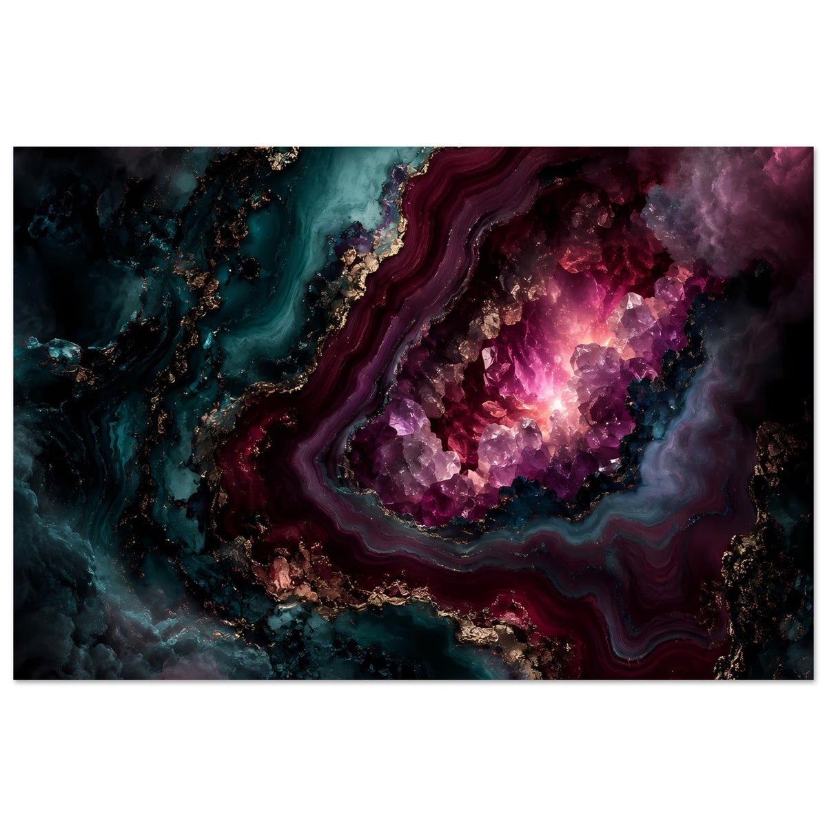 Kunstposter mit violettem Geode-Zentrum und türkisfarbenen Wellen, horizontal