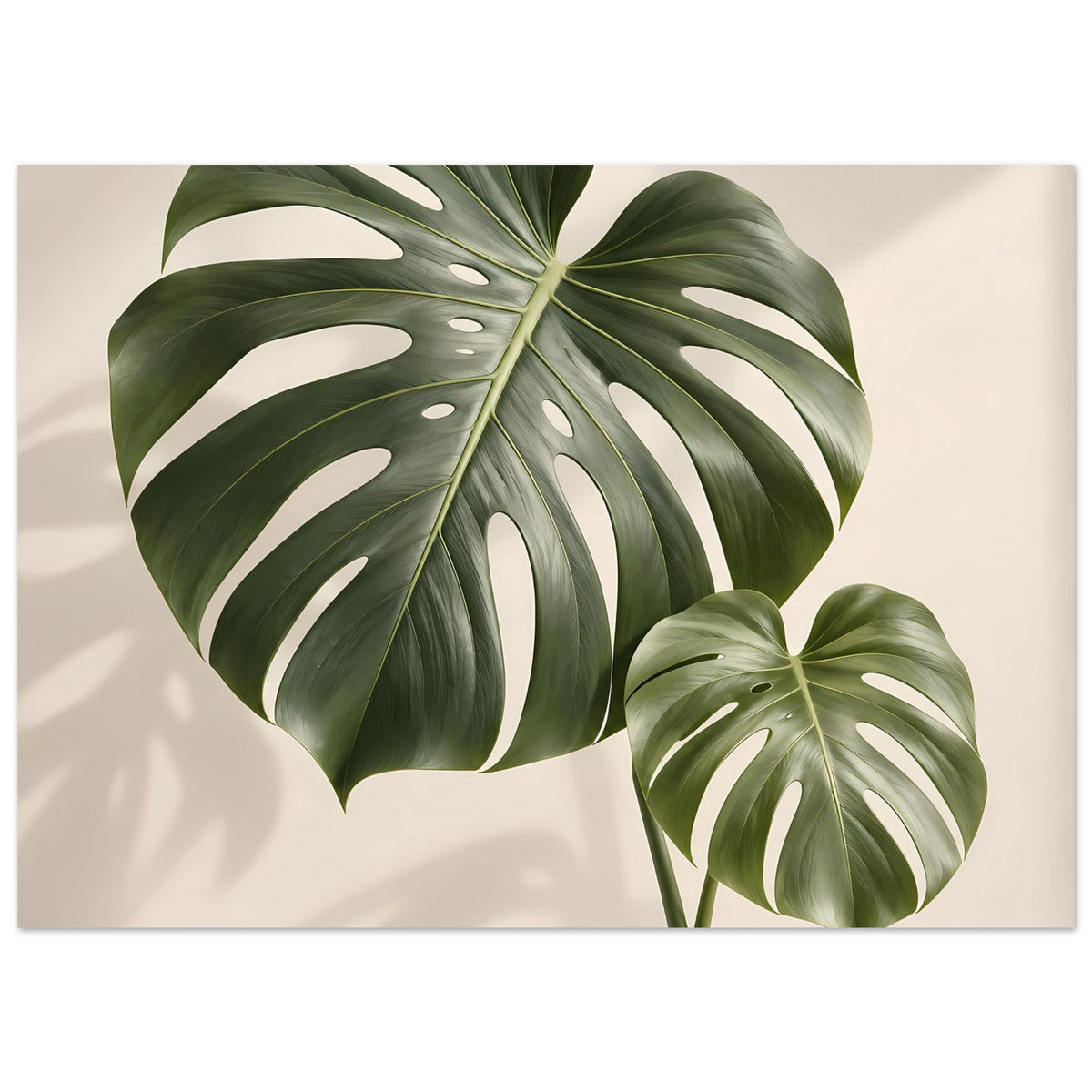 Botanisches Monstera-Blattposter mit großem Blatt links und kleinem Blatt rechts