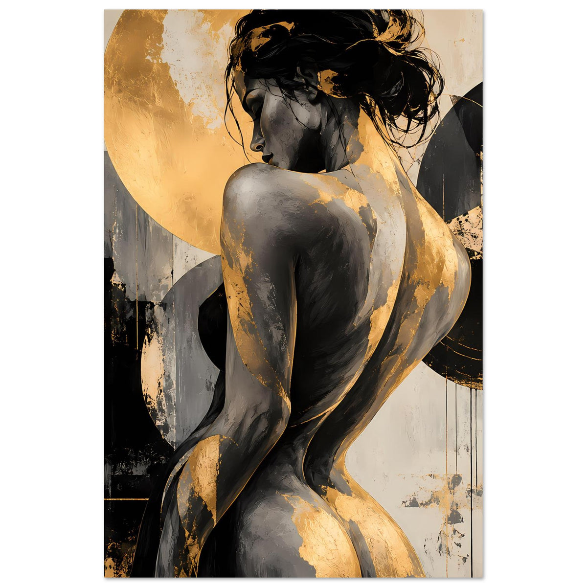 Abstraktes Poster mit Akt-Figur in Schwarz-Gold, close crop auf Oberkörper und Kopf