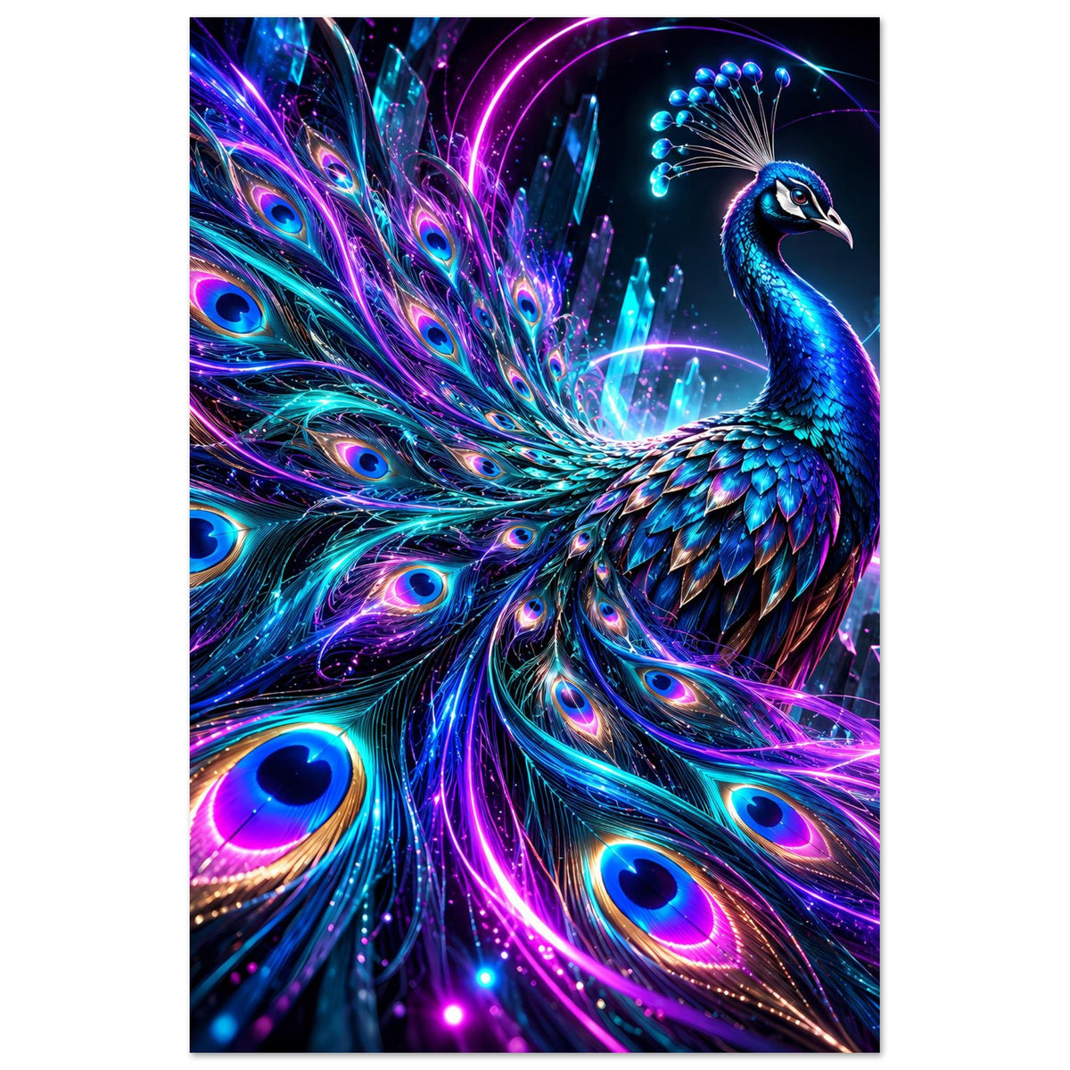 Neon-Pfauenposter im Hochformat mit blauem Pfau und leuchtenden Pfauenaugen