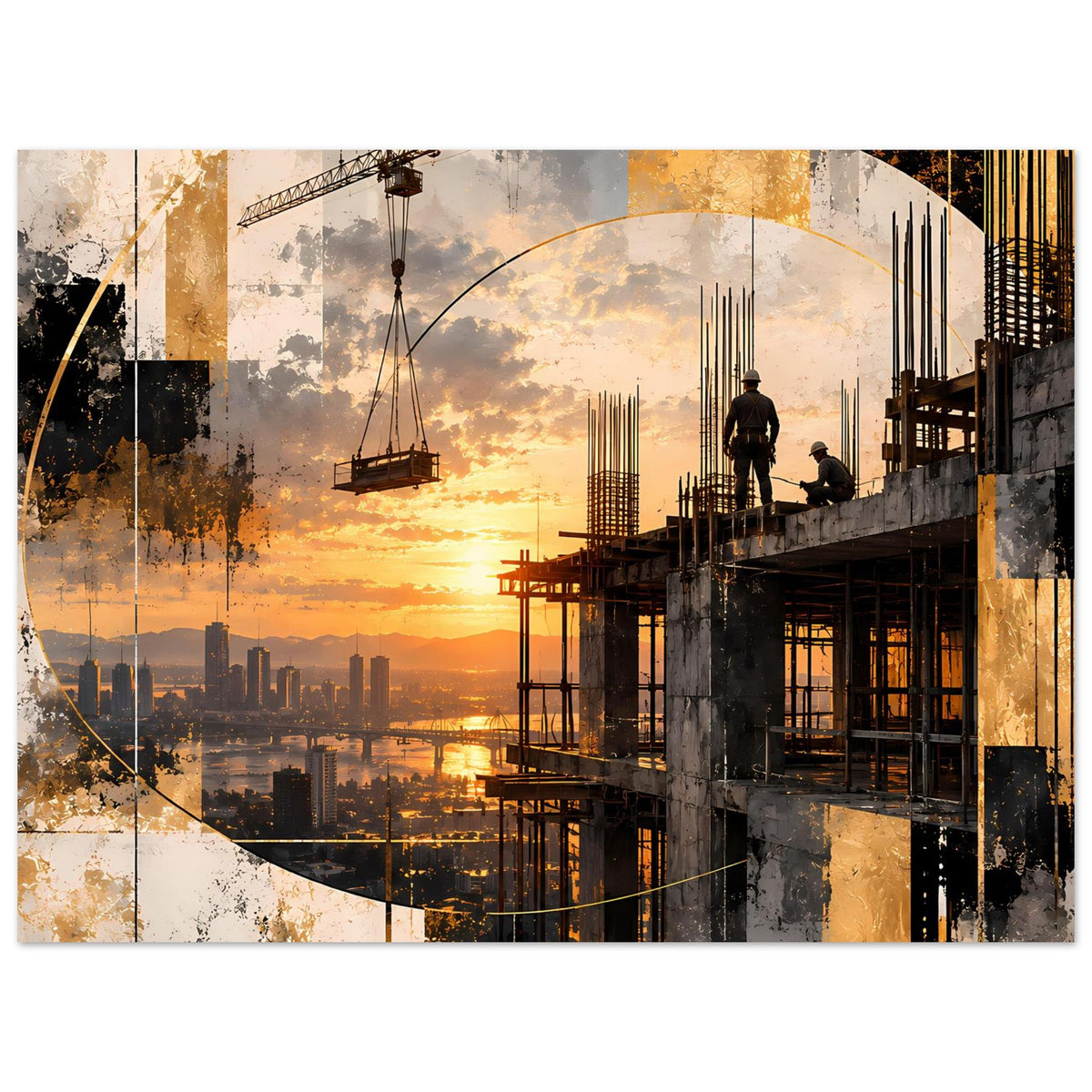 Abstraktes Baukunst-Poster mit Sonnenuntergang, hoher Baukonstruktion und Bogenbogen