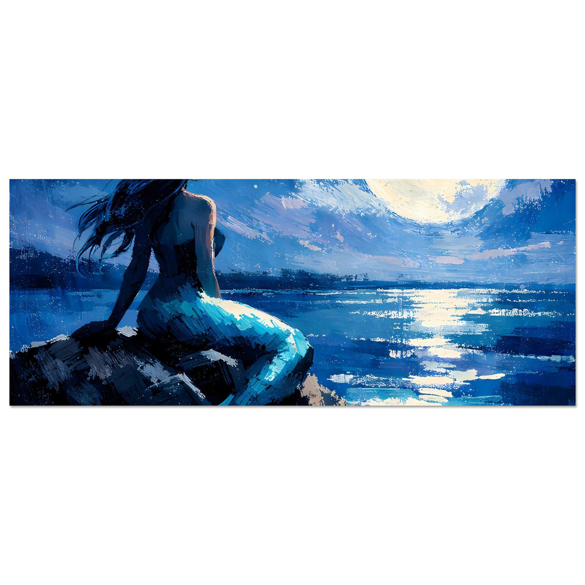 Horizontales Kunstposter mit Meerjungfrau am Wasser, großer Mond über blauem Himmel