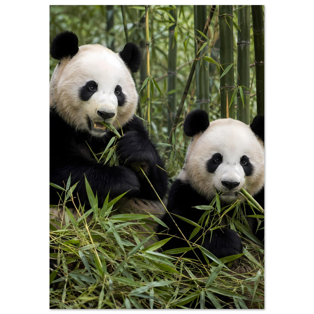 Poster im Hochformat mit zwei Pandas im Bambus, ein Panda hält Bambusblatt im Maul