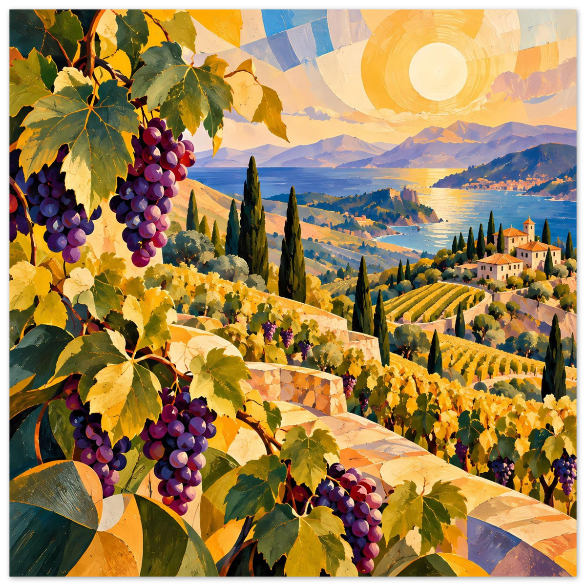 Poster mit Weinreben: violette Trauben, Weinberge und gelbe Sonne bei Abendhimmel