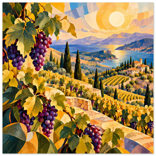 Poster mit Weinreben: violette Trauben, Weinberge und gelbe Sonne bei Abendhimmel
