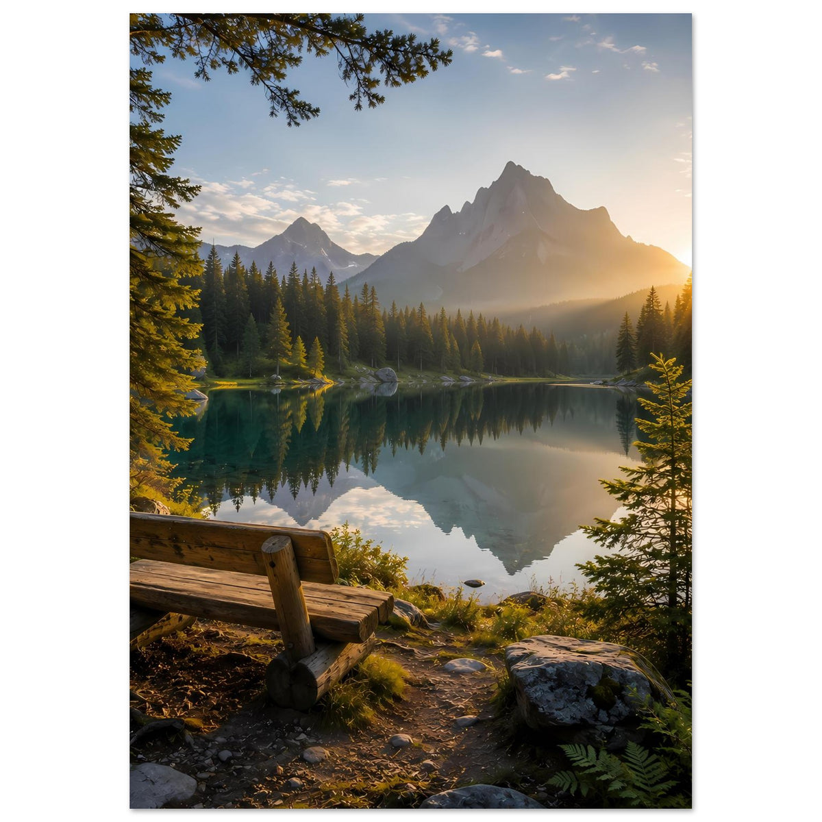 Poster mit Bergsee, spiegelndem Wasser, Bäumen am Ufer und Sonnenstrahlen